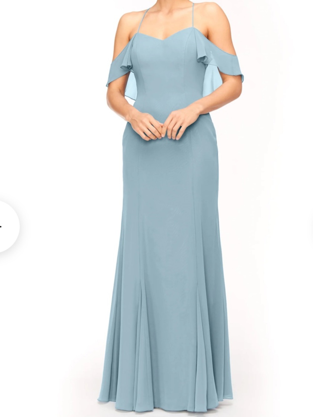 Bari Jay Slate blue spaghetti strap drape shoulder style chiffon fitted dress